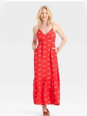a new day ~Red Maxi Dress w/ Little White Fish ~ Adjustable Straps ~ Open Back